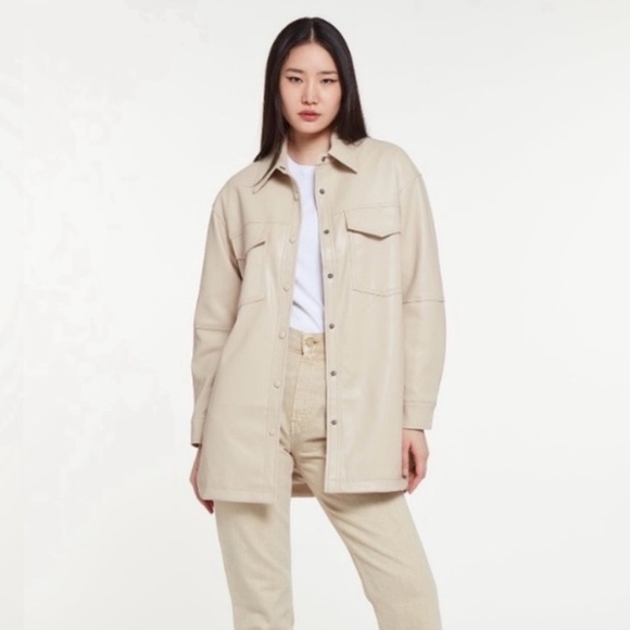 H&M Cream Faux-Leather Shirt Jacket Vegan Large - Picture 2 of 8